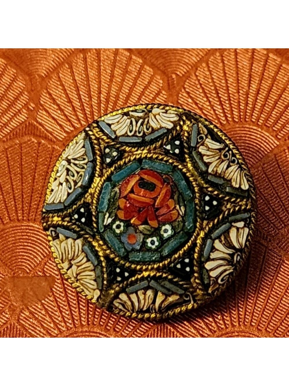 MICRO MOSAIC MILLEFIORI  FLORAL PIN SIGNED ITALY-1" DIAMETER☆RARE & UNIQUE